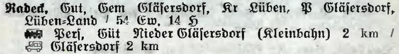 Gut Radeck in: Alphabetisches Verzeichnis der Stadt- und Landgemeinden im Gau Niederschlesien 1939