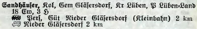 Sandhäuser in: Alphabetisches Verzeichnis der Stadt- und Landgemeinden im Gau Niederschlesien 1939