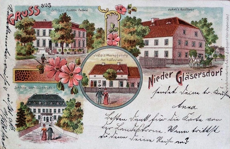 Nieder Gläsersdorf 1905 mit Schloss Hummel Radeck, Jakob�s Gasthaus, Spatzke�s Warenhandlung und Glockenturm