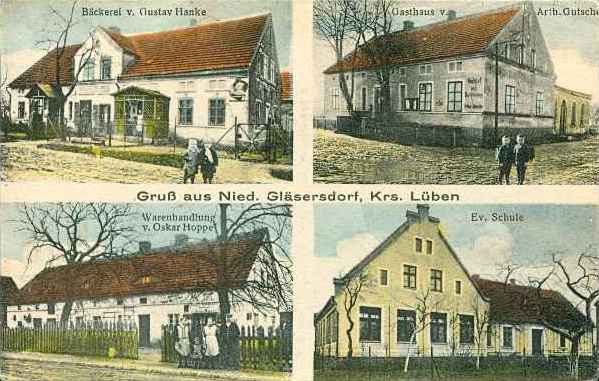Niedergläsersdorf: Bäckerei Gustav Hanke, Gasthaus Arthur Gutsche, Warenhandlung Oskar Hoppe, Evangelische Schule