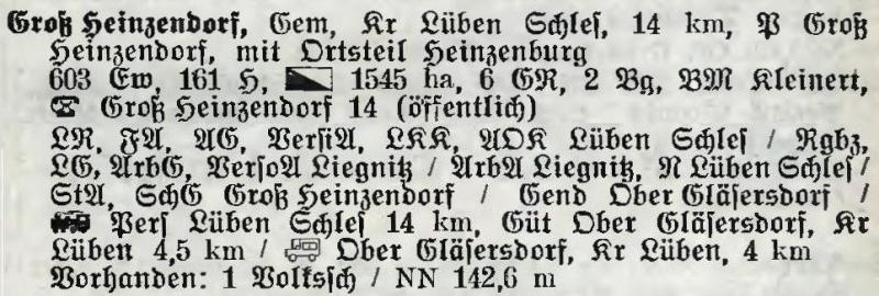 Groß Heinzendorf in: Alphabetisches Verzeichnis der Stadt- und Landgemeinden im Gau Niederschlesien 1939