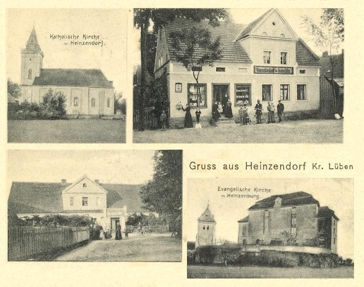 Katholische Kirche in Groß Heinzendorf, Warenhandlung Gustav Höfig, Gasthof zum grünen Baum von Wilhelm Lachmann, Evangelische Kirche in Heinzenburg um 1905