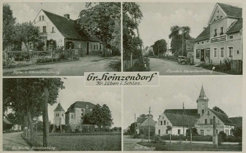 Groß Heinzendorf: Ilgner's und Mende's Warenhandlung, Evangelische Kirche in Heinzenburg, Katholische Kirche in Groß Heinzendorf