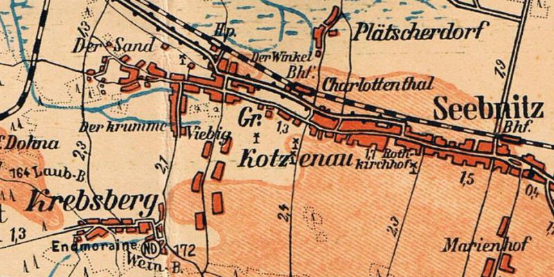 Groß Kotzenau, Krebsberg, Plätscherdorf auf der Kreiskarte Lüben 1935