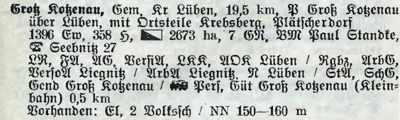 Groß Kotzenau in: Alphabetisches Verzeichnis der Stadt- und Landgemeinden im Gau Niederschlesien 1939
