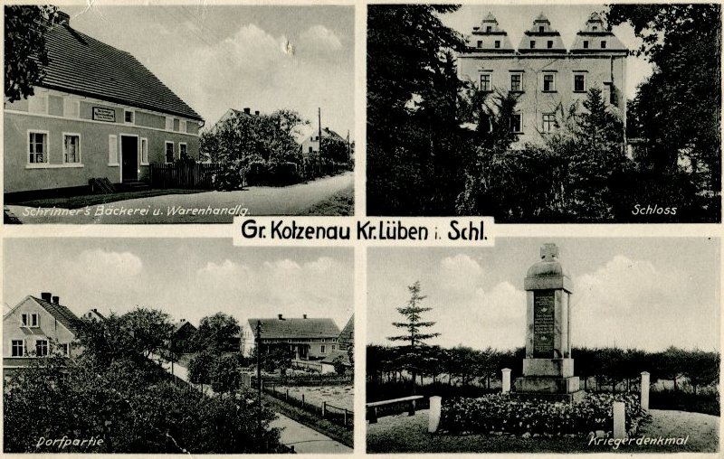 Groß Kotzenau: Schrinner's Bäckerei und Warenhandlung, Schloss, Dorfpartie, Kriegerdenkmal  