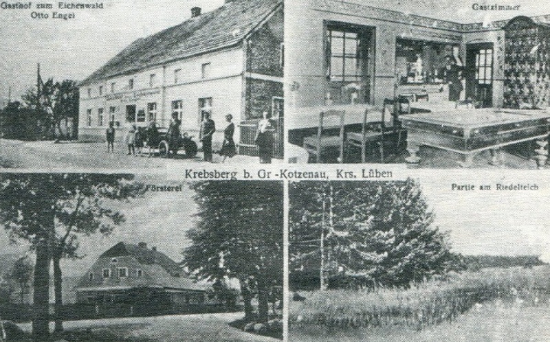 Krebsberg: Gasthof zum Eichenwald von Otto Engel, Gastzimmer, Försterei, Partie am Riedelteich