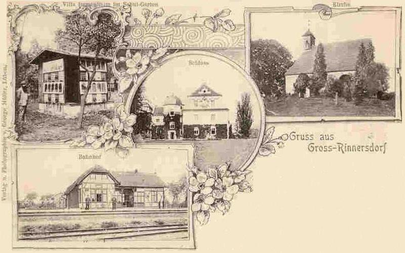 Groß Rinnersdorf 1902:Villa Immenheim im Schulgarten, Schloss, Kirche, Bahnhof
