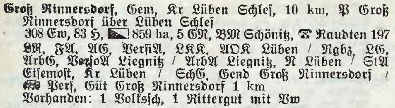 Groß Rinnersdorf in: Alphabetisches Verzeichnis der Stadt- und Landgemeinden im Gau Niederschlesien 1939