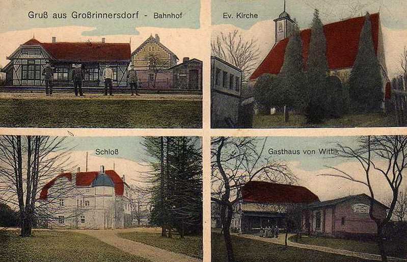 Groß Rinnersdorf: Bahnhof, Evangelische Kirche, Schloss, Gasthaus von Wittik (Wittig?!)