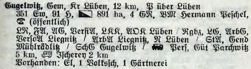 Gugelwitz in: Alphabetisches Verzeichnis der Stadt- und Landgemeinden im Gau Niederschlesien 1939