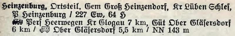 Heinzenburg in: Alphabetisches Verzeichnis der Stadt- und Landgemeinden im Gau Niederschlesien 1939