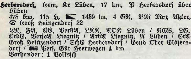 Herbersdorf in: Alphabetisches Verzeichnis der Stadt- und Landgemeinden im Gau Niederschlesien 1939