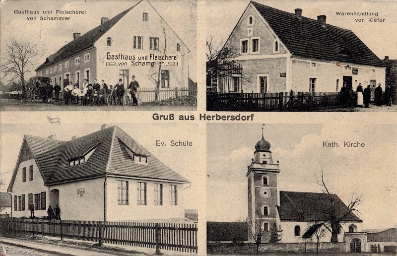 Gasthaus und Fleischerei Hermann Schammler, Warenhandlung Paul Kiefer, Evangelische Schule (erbaut 1913), Katholische Kirche