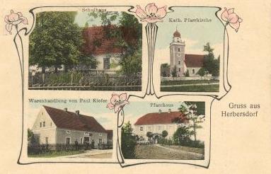 Schulhaus, Katholische Pfarrkirche, Warenhandlung Paul Kiefer, Pfarrhaus
