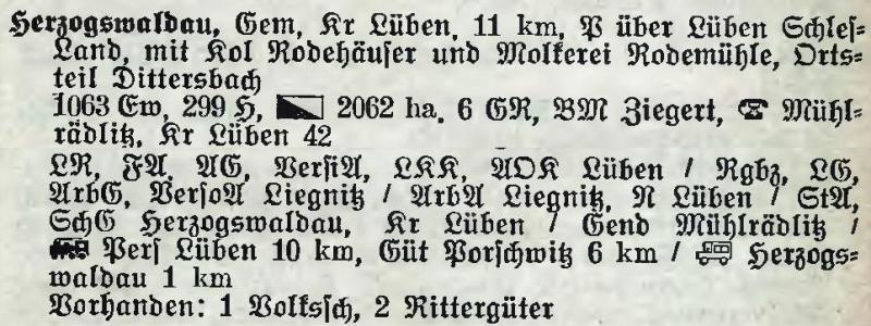 Herzogswaldau in: Alphabetisches Verzeichnis der Stadt- und Landgemeinden im Gau Niederschlesien 1939