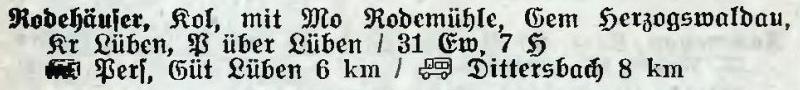 Rodehäuser in: Alphabetisches Verzeichnis der Stadt- und Landgemeinden im Gau Niederschlesien 1939