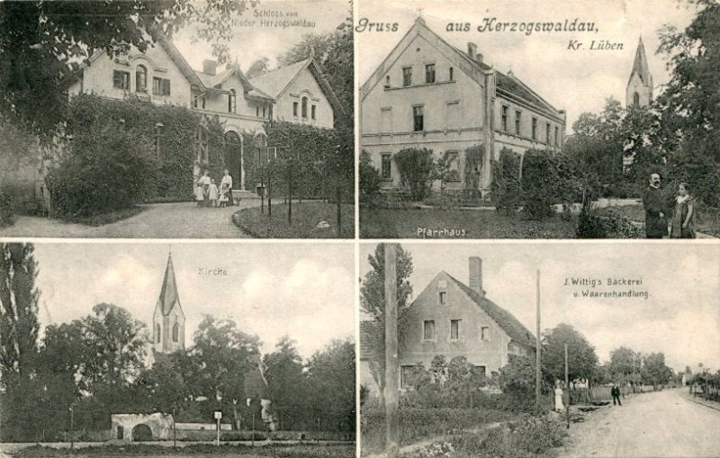 Schloss Niedergut, Pfarrhaus, Evangelische Kirche, J. Wittig's Bäckerei und Warenhandlung - 1907