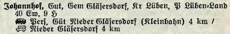 Gut Johannhof in: Alphabetisches Verzeichnis der Stadt- und Landgemeinden im Gau Niederschlesien 1939