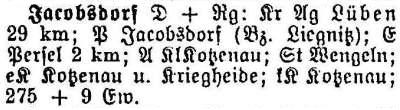 Jacobsdorf in: Alphabetisches Verzeichnis sämtlicher Ortschaften der Provinz Schlesien 1913