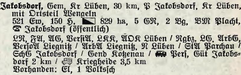 Jakobsdorf in: Alphabetisches Verzeichnis der Stadt- und Landgemeinden im Gau Niederschlesien 1939