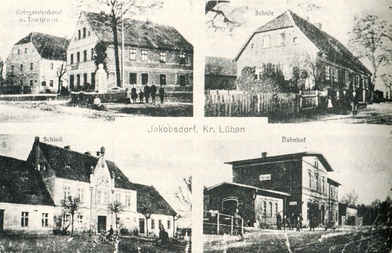 Jakobsdorf: Kriegerdenkmal und Dorfpartie, Schule, Schloss, nächster Bahnhof in Persel