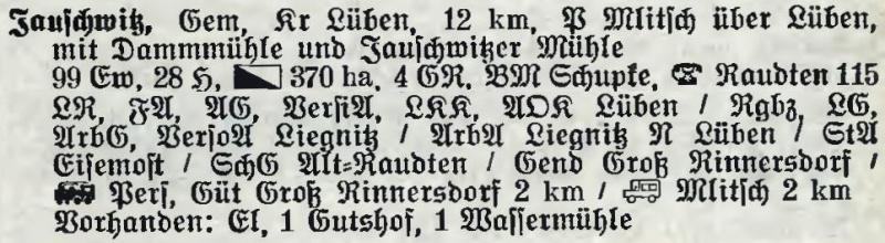 Jauschwitz in: Alphabetisches Verzeichnis der Stadt- und Landgemeinden im Gau Niederschlesien 1939