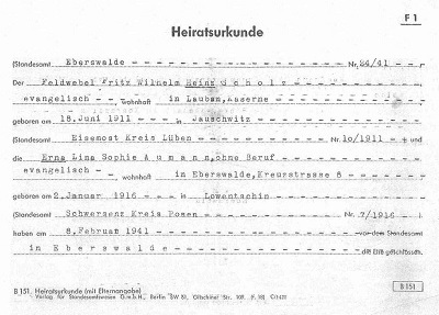 Heiratsurkunde von Heinz Scholz und Erna geb. Aumann vom 8.2.1941 in Eberswalde