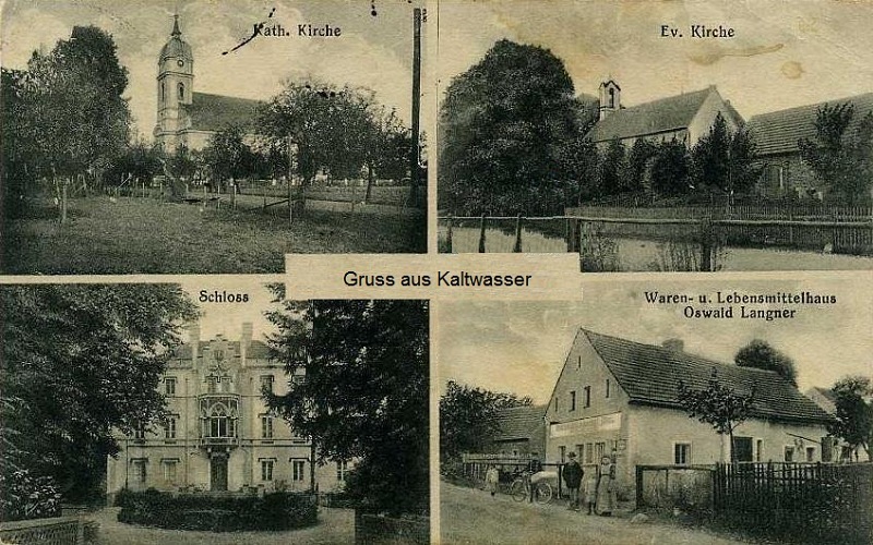 Katholische und evangelische Kirche, Schloss, Waren- und Lebensmittelhaus Oswald Langner
