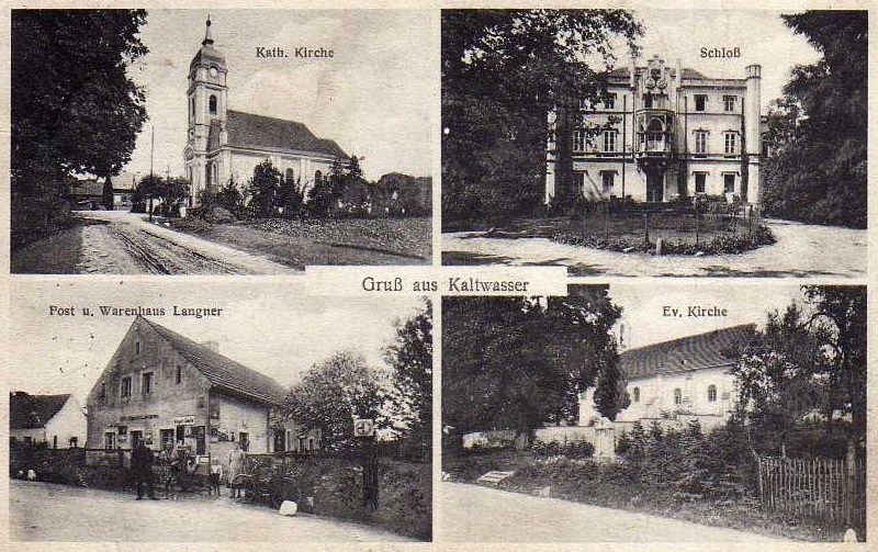 Katholische Kirche, Schloss, Post und Warenhaus Langner, Evangelische Kirche