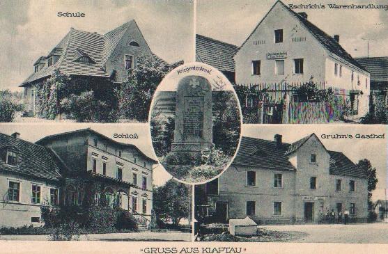 Klaptau: Schule, Eschrich's Warenhandlung, Schloss, Kriegerdenkmal, Gruhn's Gasthof