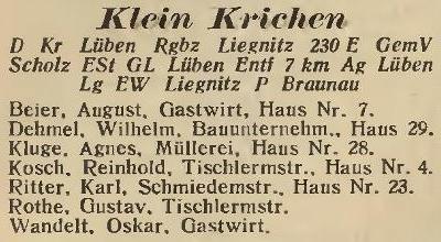 Klein Krichen in: Amtliches Landes-Adressbuch der Provinz Niederschlesien  1927