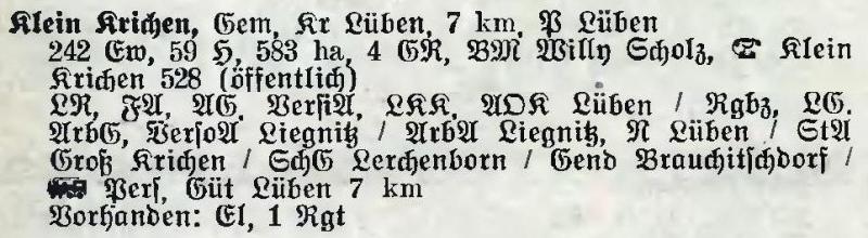 Klein Krichen in: Alphabetisches Verzeichnis der Stadt- und Landgemeinden im Gau Niederschlesien 1939