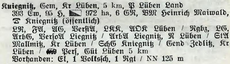 Kniegnitz in: Alphabetisches Verzeichnis der Stadt- und Landgemeinden im Gau Niederschlesien 1939