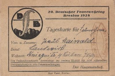 Tageskarte für den 20. Deutschen Feuerwehrtag in Breslau 1928