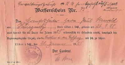Waffenschein 1928 für Ehrenfeldhüter Paul Maiwald aus Kniegnitz