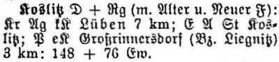Koslitz in: Alphabetisches Verzeichnis sämtlicher Ortschaften der Provinz Schlesien 1913
