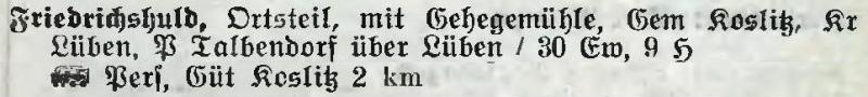 Friedrichshuld und Gehegemühle in:  Alphabetisches Verzeichnis der Stadt- und Landgemeinden im Gau Niederschlesien 1939
