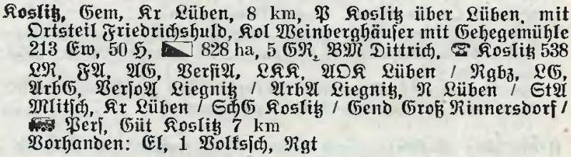 Koslitz in:  Alphabetisches Verzeichnis der Stadt- und Landgemeinden im Gau Niederschlesien 1939