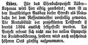 Lähner Anzeiger vom 24.7.1906 über die geplante Bahnlinie Lüben-Kotzenau