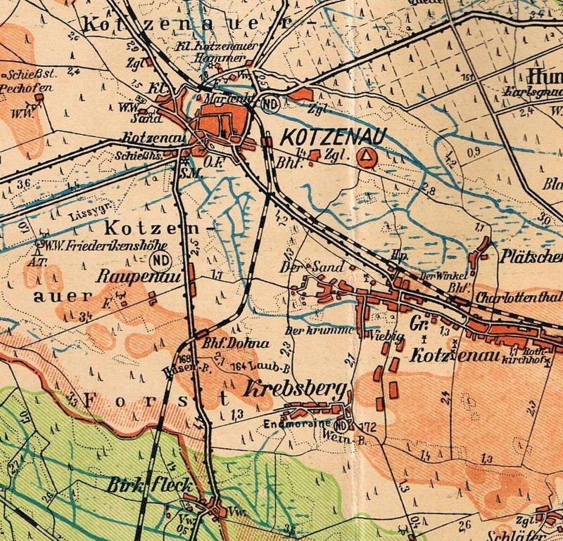 Kotzenau, Raupenau, Birkfleck auf Kreiskarte von 1935
