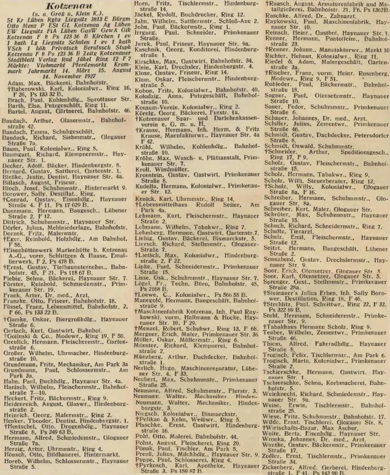 Kotzenau in: Amtliches Landes-Adressbuch der Provinz Niederschlesien für Industrie, Handel, Gewerbe,  Verlag August Scherl, Breslau, 1927
