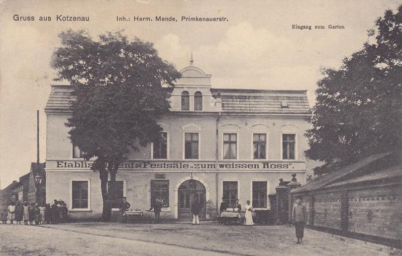Gasthaus zum weißen Roß, Primkenauerstraße, Inhaber Hermann Mende, um 1912