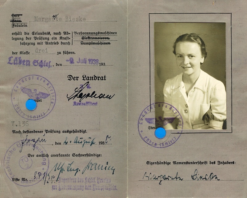 Führerschein der Klasse 3 für Margarete Bieske 1938