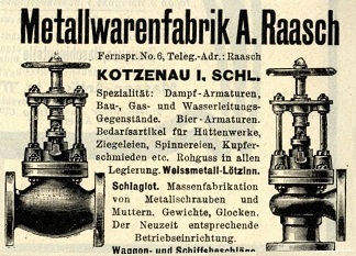 Reklame-Anzeige der Firma August Raasch Kotzenau