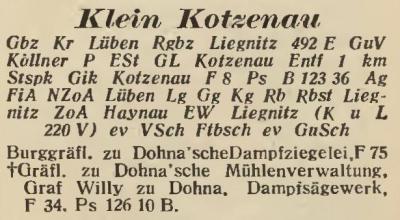 Klein Kotzenau in Amtliches Landes-Adressbuch der Provinz Niederschlesien 1927