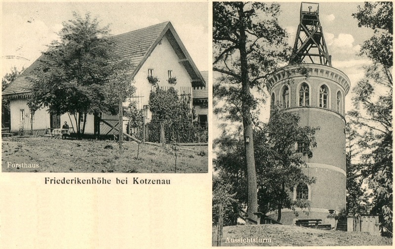 Friederikenhöhe bei Kotzenau 1935: Aussichtsturm und Forsthaus