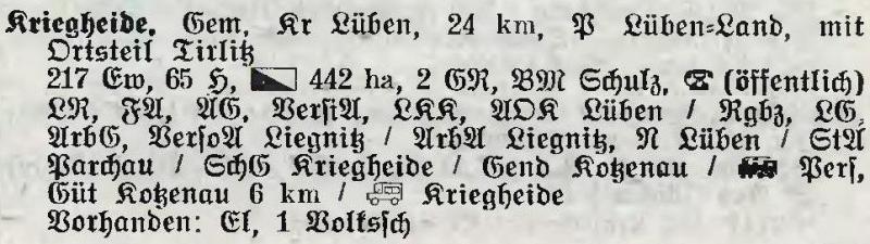 Kriegheide in:  Alphabetisches Verzeichnis der Stadt- und Landgemeinden im Gau Niederschlesien 1939