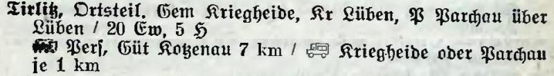 Tirlitz in:  Alphabetisches Verzeichnis der Stadt- und Landgemeinden im Gau Niederschlesien 1939