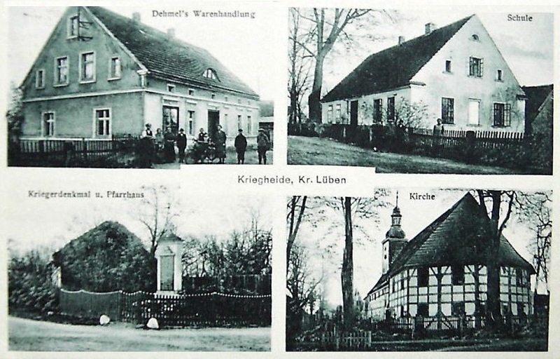 Kriegheide: Dehmel's Warenhandlung, Schule, Kriegerdenkmal, Kirche